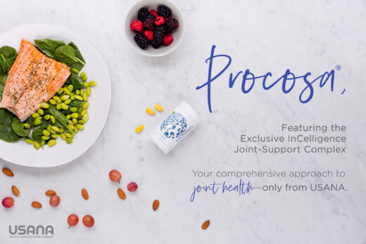 usana procosa bottle with fish in the plate berries grapes and petals