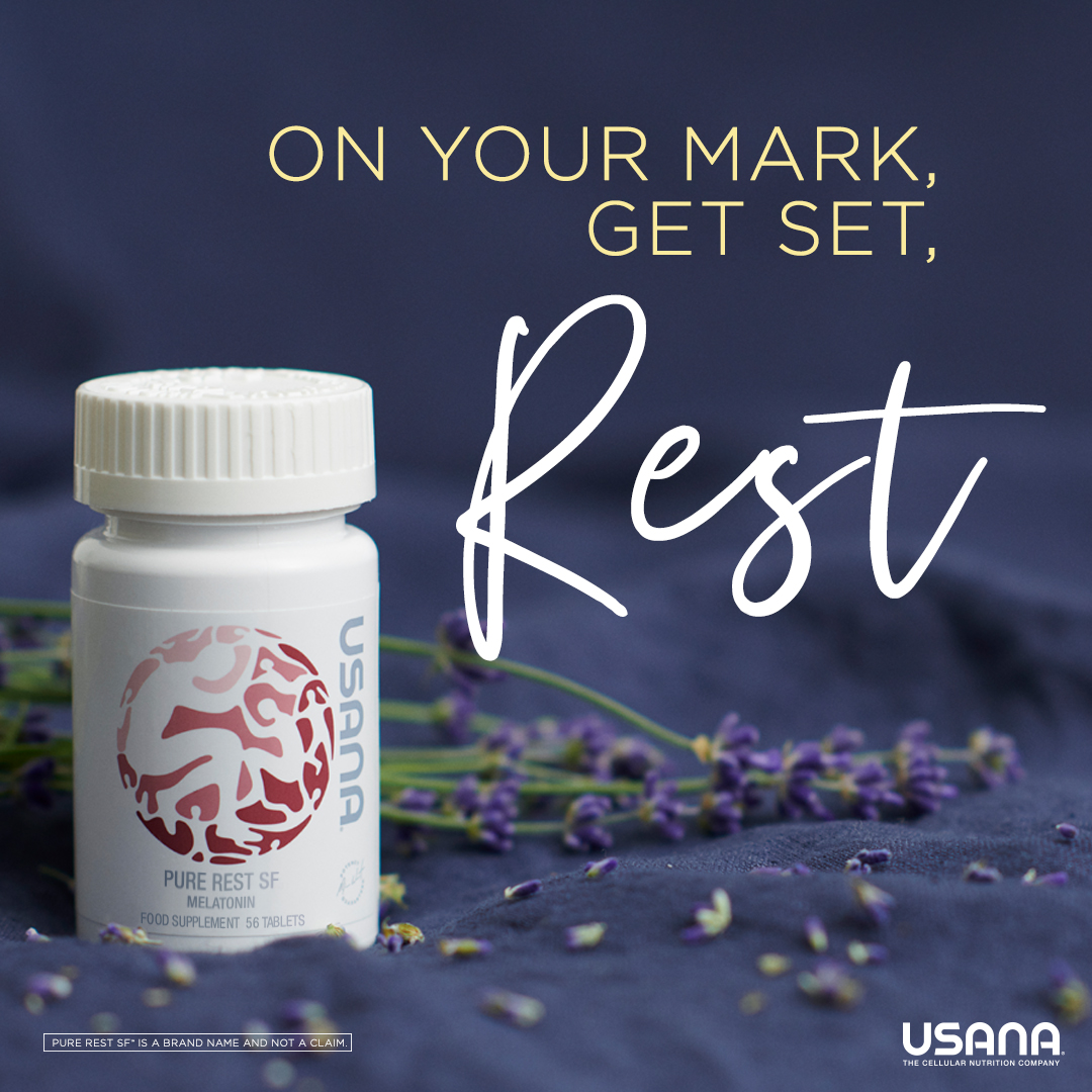 usana pure rest white bottle with a text "on your mark, get set, rest"