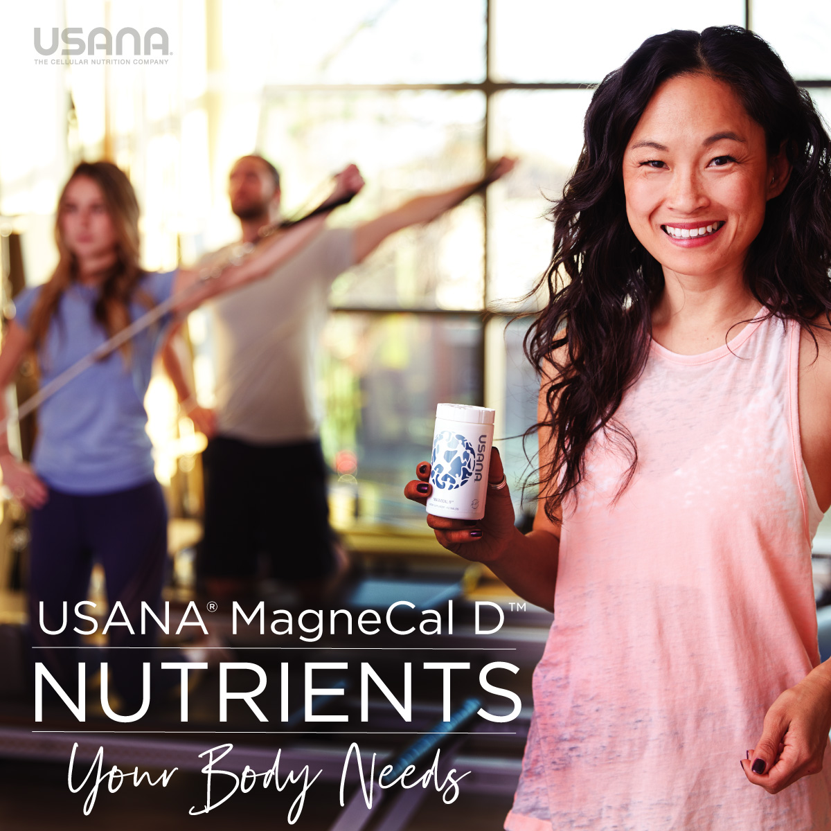 usana magnecal d with woman in pink shirt holding a bottle and other people doing exercise in the background