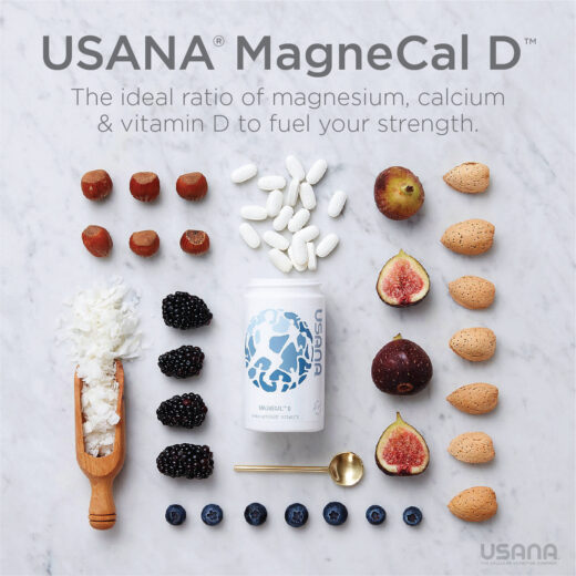 usana magnecal d bottle and tablets along with berries nuts fruits