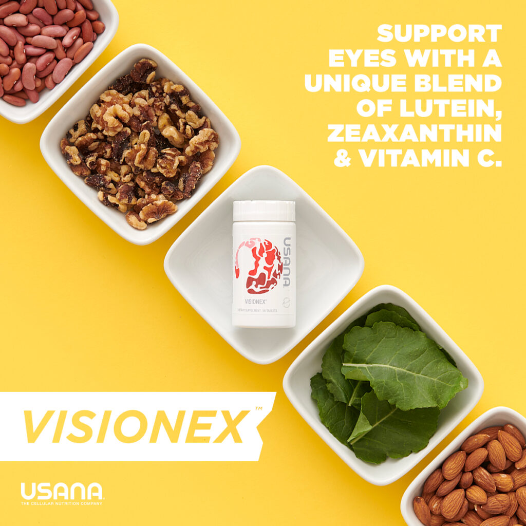 beans peanuts leaves and usana visionex bottle inside the plates with yellow backgroud