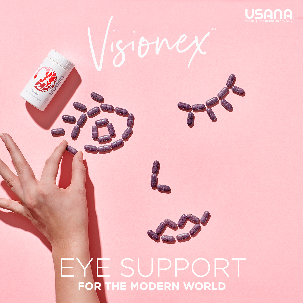 a hand eyes nose and lips with pink background and usana visionex bottle