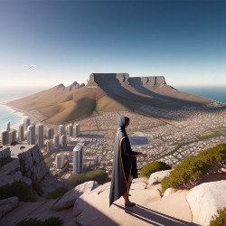 a human with a view of the city, buildings and table top mountain in cape town south africa