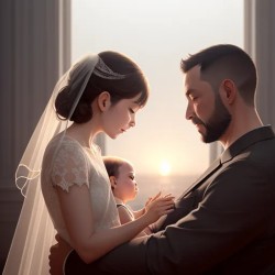 most worried about a picture of family where the husband is holding his wife a wife and a baby with a sunset view background