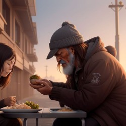 an unfortunate old man sharing food with a girl