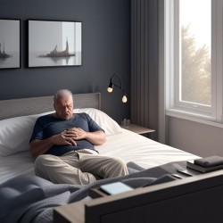 a man lying down in bed having a hard time to sleep