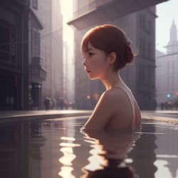 a woman in the city and buildings with half of her body dipped into the water