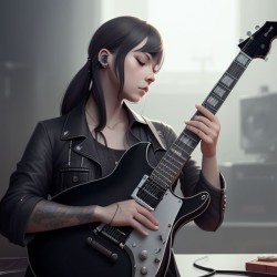 a girl with an earpiece and wearing a black jacket playing an electric guitar