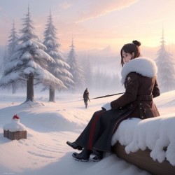 a woman in full brown winter coat sitting on a rock covered with snow with pine trees far ahead on a snowy land