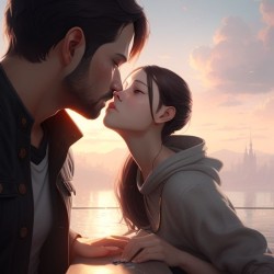 a man and a woman kissing each other with sunset in the background