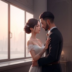 a man in black coat holding a woman wearing a white gown holding each other inside the room