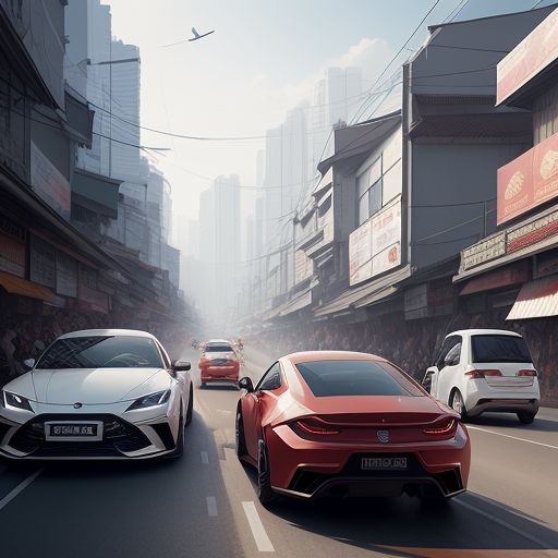 2 red cars and 2 white cars in the road with buildings around