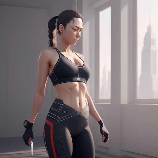 a woman in a black sports wear with a pony tail standing near the windows