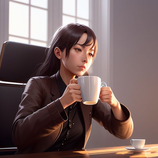 a girl with black hair wearing a brown leather jacket holding a cup of coffee