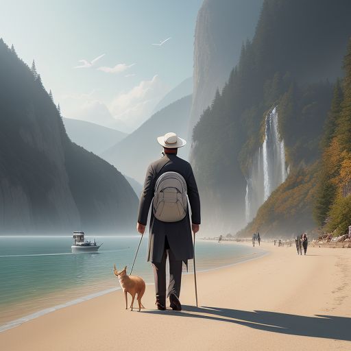 an old man in a backpack and walking stick strolling his dog along the river bank showing retirement