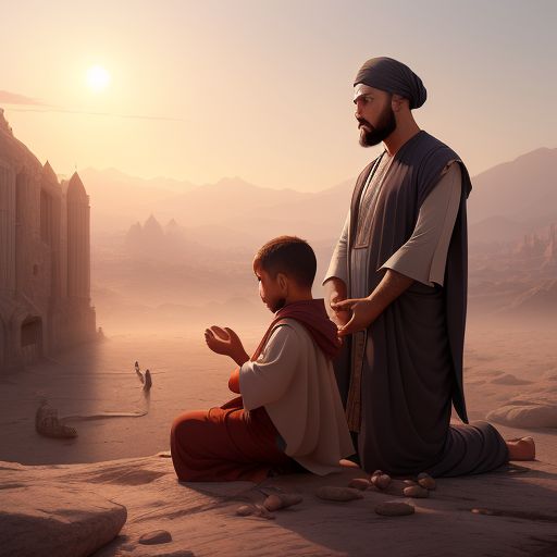 Eid'l Adha a father and a son kneeling in the ground with mountains in the background