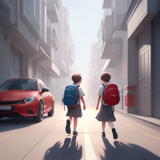 Managing Life's Uncertainties with two kids in school uniform and bag walking in a street while passing a red car